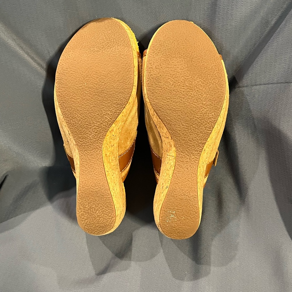 Clarks Elements Harwich Keel Platform Sandals Leather Cork 4” Wedge Brown Suede - Picture 8 of 12